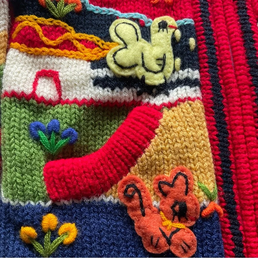 Peruvian Knit Embroidered Hooded Zip Up Red Sweater Animals Sun Toddler Sz 2